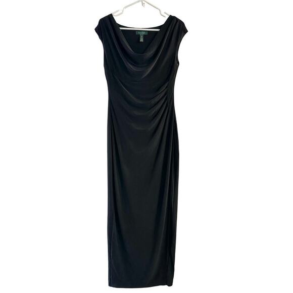 Lauren Ralph Lauren Cowl Neck Sheath Black Long Dress Sz 6 Classic Timeless - Picture 1 of 8